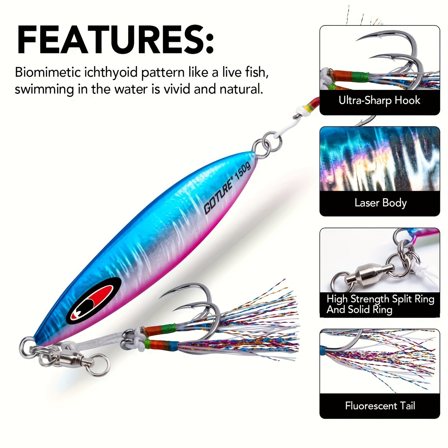 3pcs Goture Slow Fall Luminous Lead Jigs - Vertical Saltwater Artificial Lures with Dual Mustad Hooks for Tuna, Kingfish, Bass, Salmon - 100g/150g/250g, Premium Fishing Lures for Deep Water Fishing