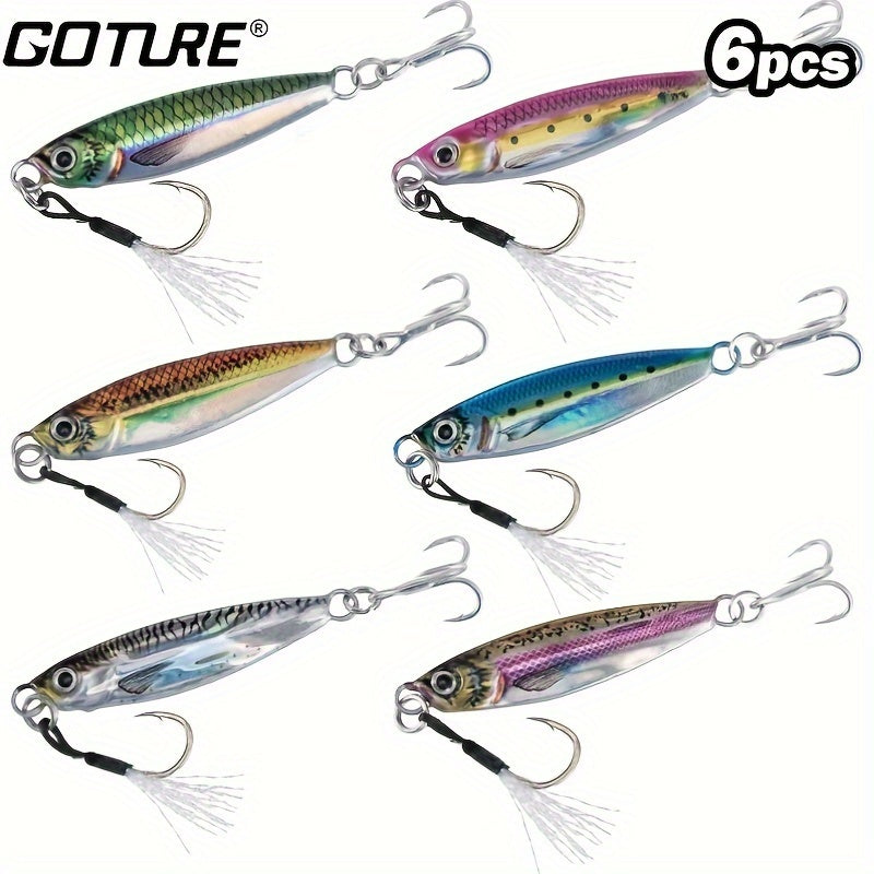 6pcs Goture Premium Fishing Baits - Saltwater Plumb Baits with 3D Color, Auxiliary Hooks and Three-Prong Hooks - Ideal for Tuna, Salmon, Swordfish, Striped Bass and Tuna Fishing