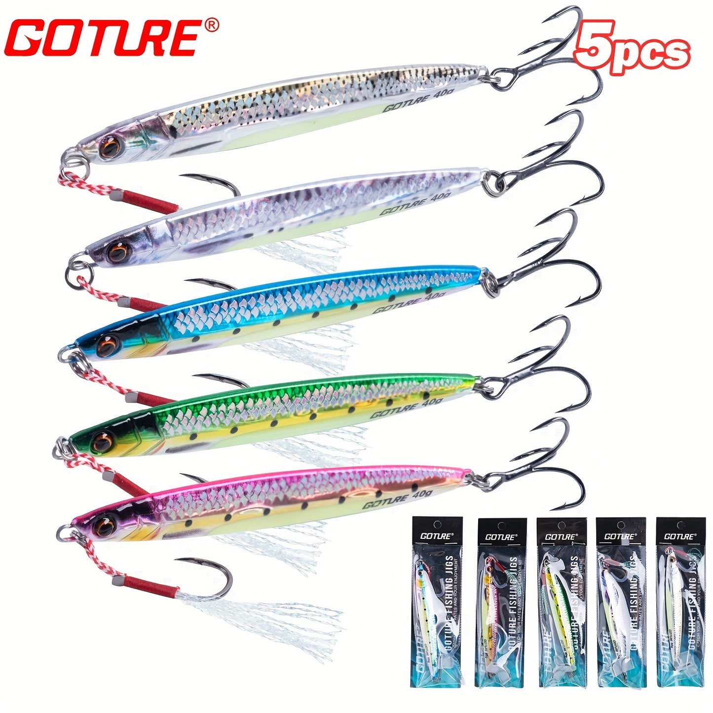 Goture 5-Pack Fishing Lures: 40g, 60g, 80g Saltwater Fishing Tackle with Treble Hooks - Ideal for Catching Redfish, Bass, Catfish, Trout, Herring, Salmon, and Snapper - Perfect for Valentine's Day, Christmas, New Year, Spring