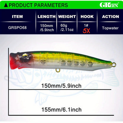 1 GRSPIDER Popper Fishing Lure: 5.91inch/60g Topwater Spinner Popper with 3D Bionic Fish Eye and Quality Treble Hook - Perfect for Tuna and Amberjack