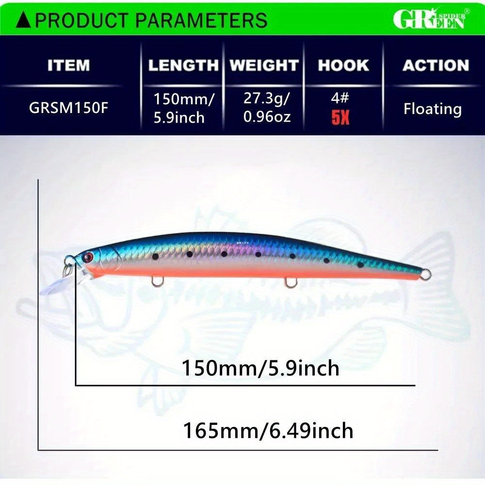 GREENSPIDER Bass Trolling Saltwater Fishing Wobbler - Artificial Multicolor Lure & Bait for Sea & Ocean, Premium Six-Inch Floating, Heavyweight, Long-Lasting High-Strength Construction for Sea Bass