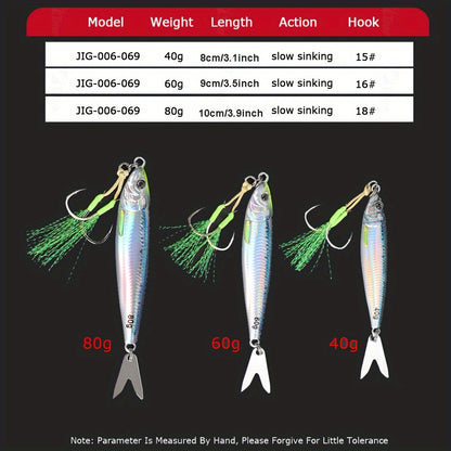 4pcs Slow Sinking Fishing Lure Set - 40G/60G/80G Metal Jig Baits With Sequins, Ideal For Freshwater & Saltwater Angling