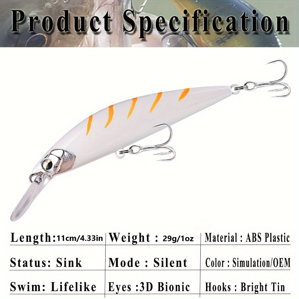 1PC Long Cast Minnow Fishing Lure 4.33 Inch 29g Silent Sinking ABS Plastic Bait with 3D Holographic Eyes and Bright Tin Hooks