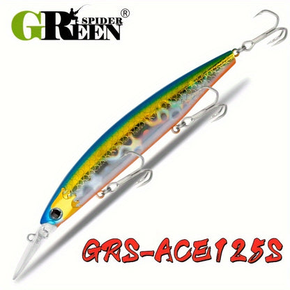 GREENSPIDER ACE Topwater Minnow Fishing Lures - 125mm, 30g, ABS Heavy Sinking Jerkbait - 3D Holographic Eye, Strong Flat Split Rings, Quality Treble Hooks for Seabass, Saltwater Hard Baits (Pack of 1)