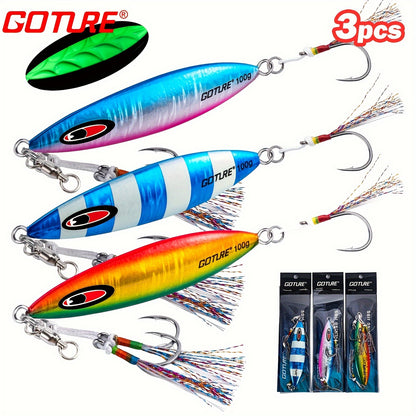 3pcs Goture Slow Fall Luminous Lead Jigs - Vertical Saltwater Artificial Lures with Dual Mustad Hooks for Tuna, Kingfish, Bass, Salmon - 100g/150g/250g, Premium Fishing Lures for Deep Water Fishing