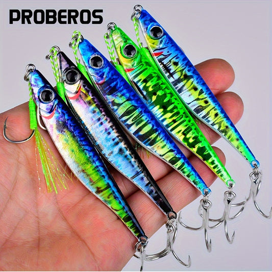 5pcs PROBEROS Premium Metal Casting Jig Lures with 3D Eyes - Exceptional Realistic Slow-Shaking Action for Deep Sea Fishing, Lifelike Design, Durable Construction, and Irresistible to Fish