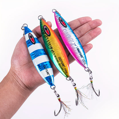 3pcs Goture Slow Fall Luminous Lead Jigs - Vertical Saltwater Artificial Lures with Dual Mustad Hooks for Tuna, Kingfish, Bass, Salmon - 100g/150g/250g, Premium Fishing Lures for Deep Water Fishing