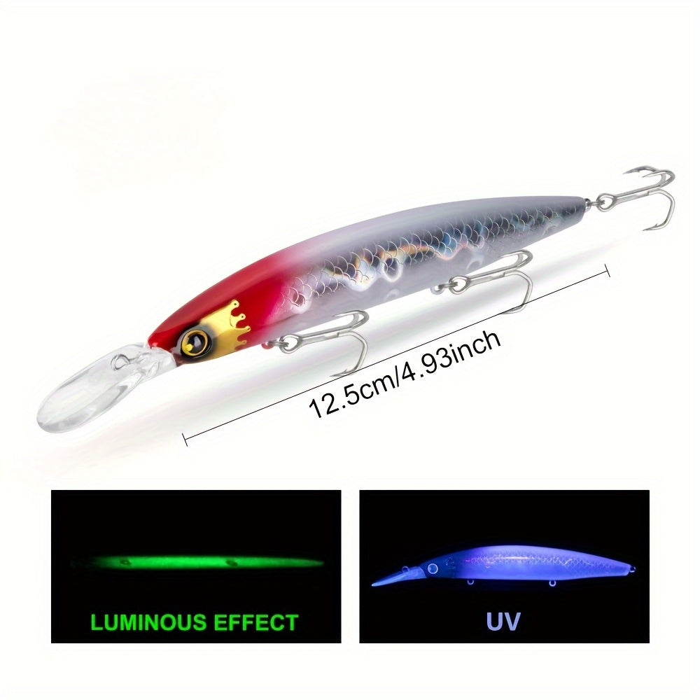 GREENSPIDER ACE Topwater Minnow Fishing Lures - 125mm, 30g, ABS Heavy Sinking Jerkbait - 3D Holographic Eye, Strong Flat Split Rings, Quality Treble Hooks for Seabass, Saltwater Hard Baits (Pack of 1)