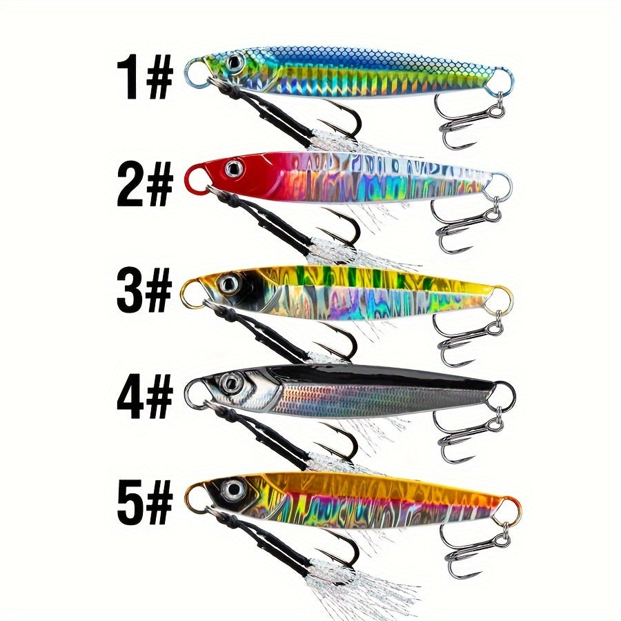 5-Pack Mixed Color Fishing Jigs 17g-60g Saltwater Metal Jigging Spoons with Assist Hooks, Perfect for Sea Fishing, Trout, and Artificial Bait - 3D Eyes Simulation, Strong Circle Hooks - Lead Material, Ideal for Christmas & Sp