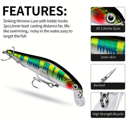 5pcs Premium Sinking Minnow Fishing Lures with Treble Hooks - Long Casting, Durable ABS Plastic for Trout, Bass, Perch, Walleye & Redfish - Mixed Colors