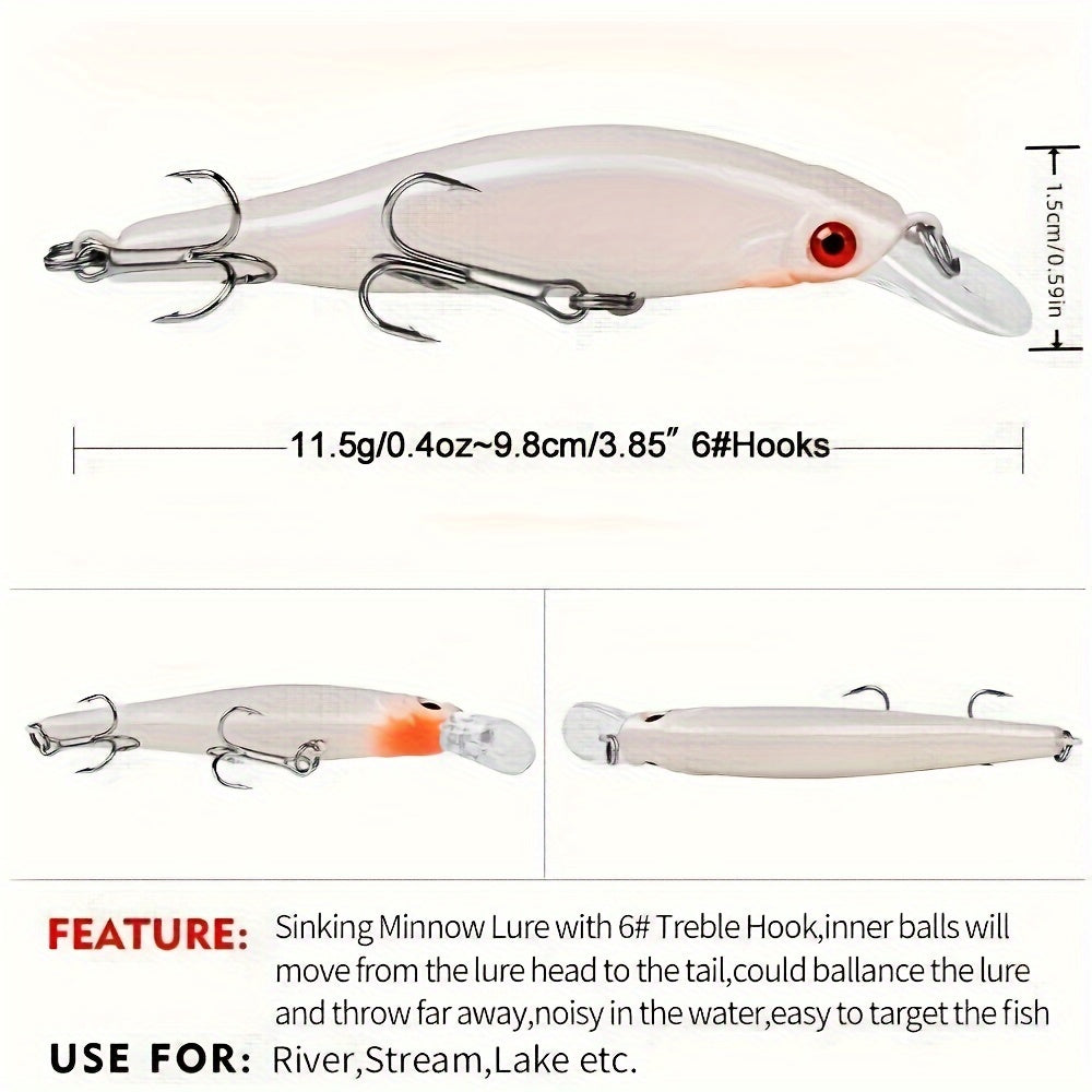 2pcs Slow Sinking Minnow Bait, Artificial Bionic Fishing Lure, Rattling Hard Bait, 11.5g-9.8cm/0.41oz-3.86inch