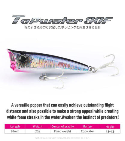 TSURINOYA 90F Topwater Popper Fishing Lure 90mm 23g DASHER Surface Floating Hard Bait For Saltwater Power Fishing SW Game Model