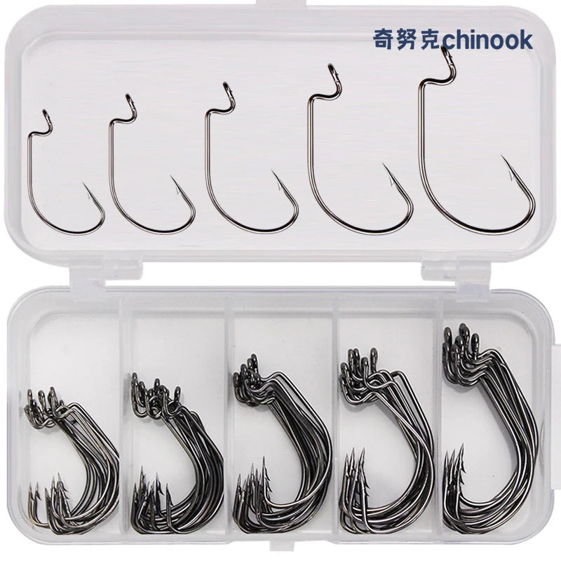 Chinook 50pcs Wide worm hook Carbon Steel Offset Fishhook Bass Barbed Carp Fishing Hook 3/0#-2# For Soft Worm Jig Mold Hooks