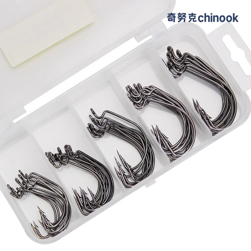 Chinook 50pcs Wide worm hook Carbon Steel Offset Fishhook Bass Barbed Carp Fishing Hook 3/0#-2# For Soft Worm Jig Mold Hooks