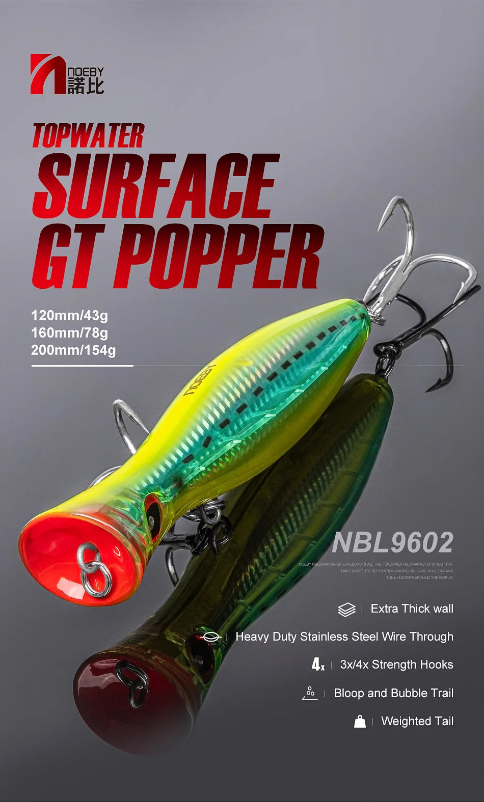 Noeby 12cm43g 16cm78g 20cm154g Big game Popper Fishing Lures Topwater Wobbler Artificial Hard Bait for GT Saltwater Fishing Lure