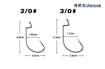 Chinook 50pcs Wide worm hook Carbon Steel Offset Fishhook Bass Barbed Carp Fishing Hook 3/0#-2# For Soft Worm Jig Mold Hooks