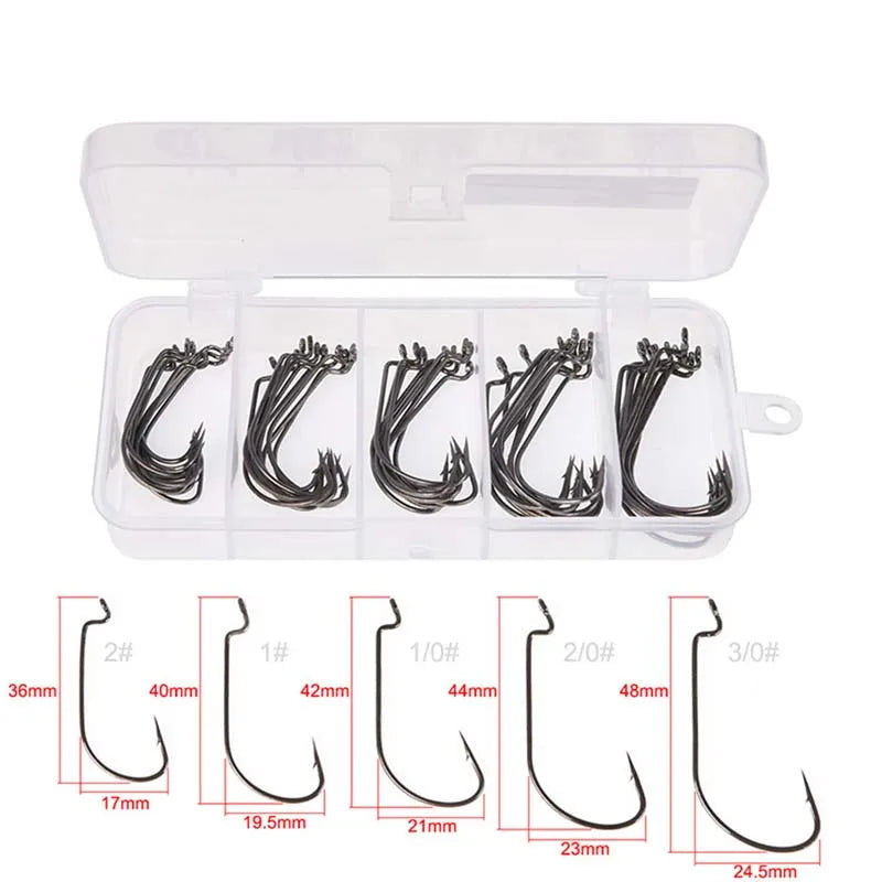 50pcs/ Box 5 Style Sea Fishing Box Mustad Offset Hook 2# 1# 1/0# 2/0# 3/0# Carp Snap Fish Big Hooks Tackles Fish Hook Sets