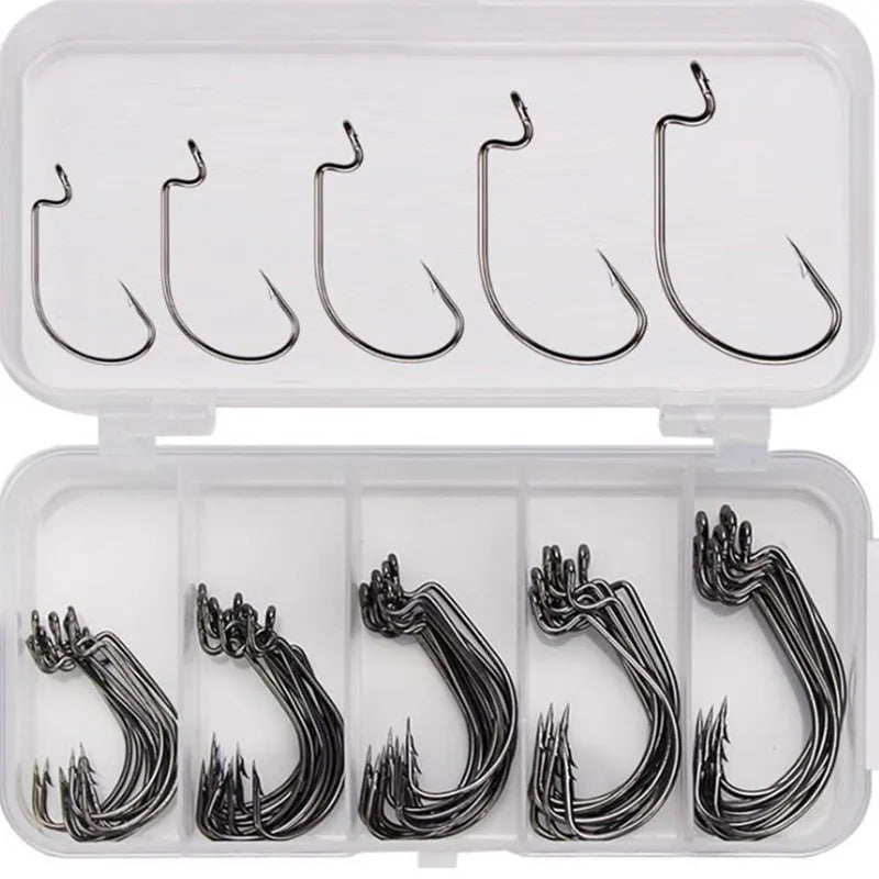 50pcs/ Box 5 Style Sea Fishing Box Mustad Offset Hook 2# 1# 1/0# 2/0# 3/0# Carp Snap Fish Big Hooks Tackles Fish Hook Sets