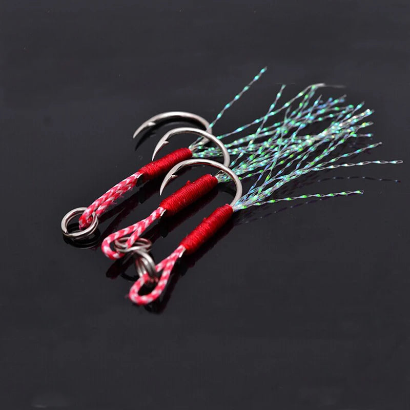 10pcs/Lot Slow Jigging Fishing Cast Jigs Assist Hook Barbed Single Jig Hooks Thread Feather Pesca High Carbon Steel Fishing Lure