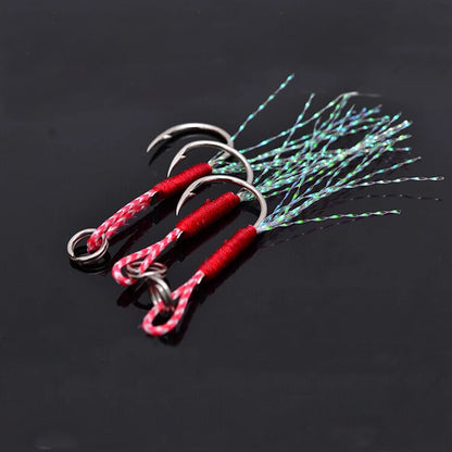 10pcs/Lot Slow Jigging Fishing Cast Jigs Assist Hook Barbed Single Jig Hooks Thread Feather Pesca High Carbon Steel Fishing Lure