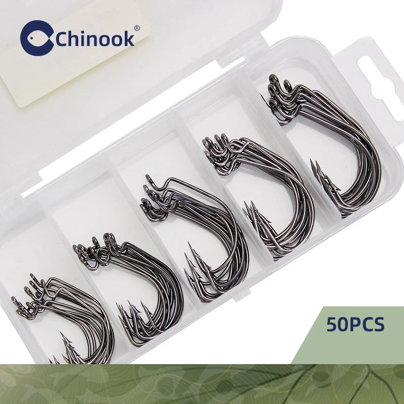 Chinook 50pcs Wide worm hook Carbon Steel Offset Fishhook Bass Barbed Carp Fishing Hook 3/0#-2# For Soft Worm Jig Mold Hooks