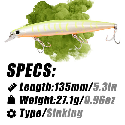 B&U 135mm 27.1g Ultra Long Casting 135S Saltwater Sinking Minnow Weight Fishing Lure Seabass Hard Bait