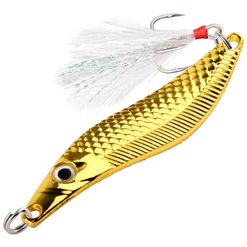 Aorace Metal VIB Leech Spinners Spoon Lures 7g-20g Artificial Bait With Feather Hook Night Fishing Tackle for Bass Pike Perch