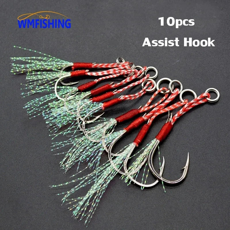 10pcs/Lot Slow Jigging Fishing Cast Jigs Assist Hook Barbed Single Jig Hooks Thread Feather Pesca High Carbon Steel Fishing Lure