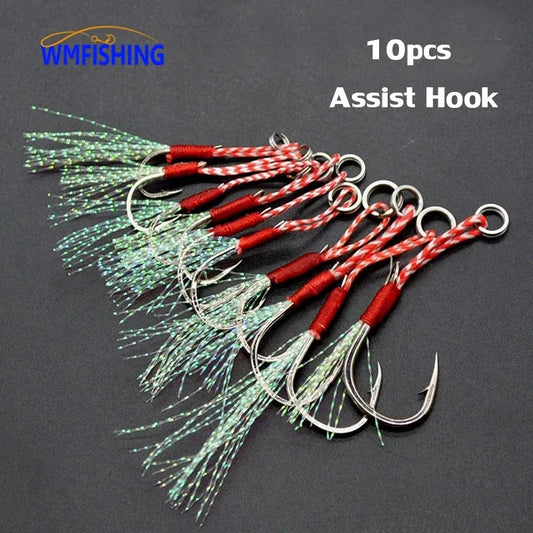 10pcs/Lot Slow Jigging Fishing Cast Jigs Assist Hook Barbed Single Jig Hooks Thread Feather Pesca High Carbon Steel Fishing Lure