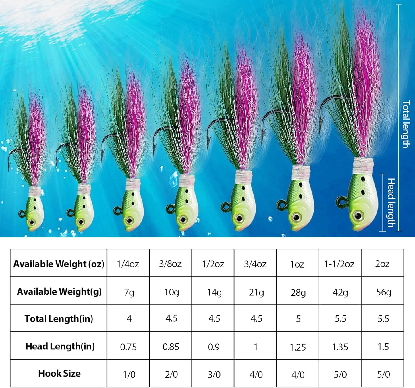 Eupheng UV Bucktail Jig Glow in Dark Bucktail Fishing Jig Head Hair Jigs for 7g-56g Bass Fresh & Saltwater Fishing Accessories