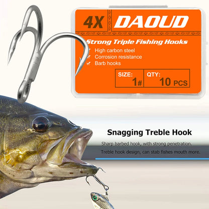 4X Treble Fishing Hook Triple Fishing Hooks for Big Game Trout Bluefish Salmon Kingfish Fishing 10Pcs 8# 6# 4# 2# 1# 1/0 2/0 3/0