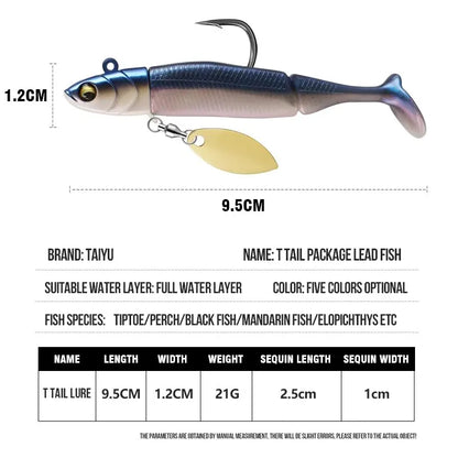 TAIYU Jig Head Soft Fishing Lures 21g T-tail Silicone Lure Wobblers Metal Spinner Spoon Bait For Pike Trout Bass Fishing Tackle