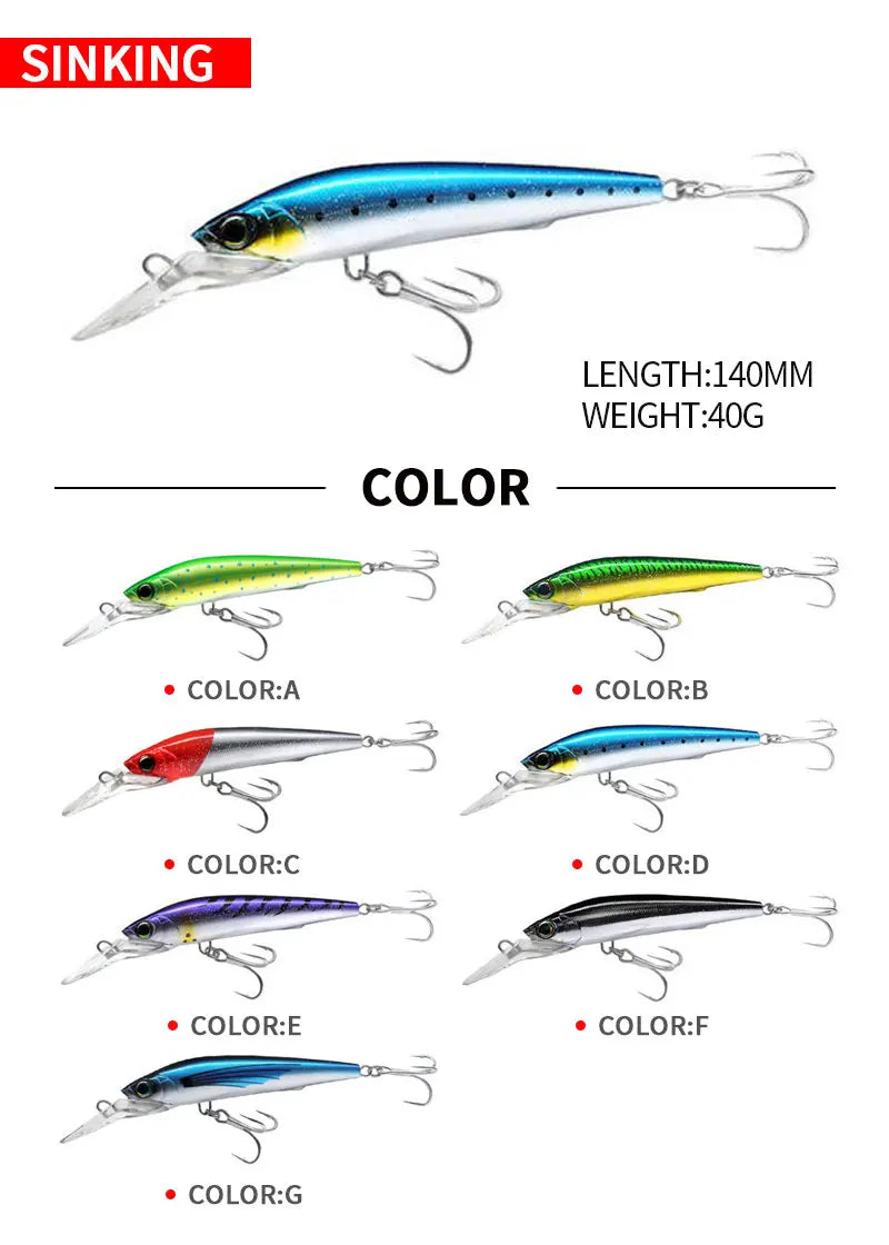 140mm 40g Sinking Trolling Slim Minnow Fishing Lures Wobbler Long Casting Swimbait Saltwater Seabass Artificial Bait Equipment