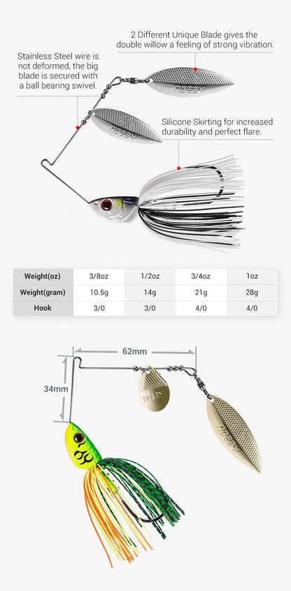 Noeby Spinnerbait 10.5g 14g 21g 28g Double Willow Blade Needle Stinger Hook Spoon Wire Bait Wobblers for Bass Fishing Lure