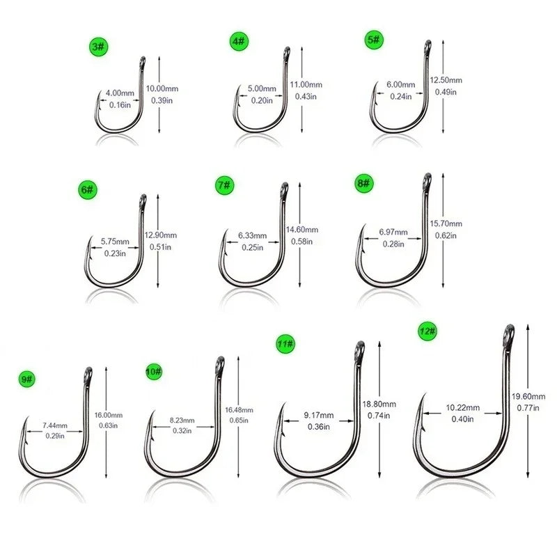 100Pcs/box #3~#12 High Carbon Steel Hooks, Sport Circle Silver Fishing Hooks