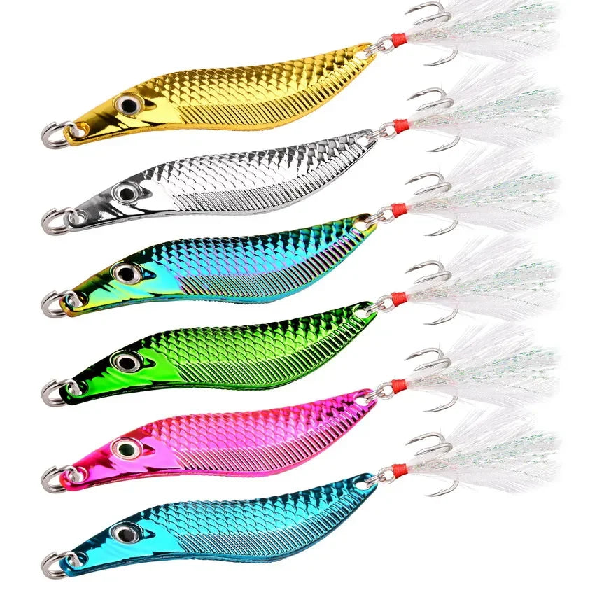 Aorace Metal VIB Leech Spinners Spoon Lures 7g-20g Artificial Bait With Feather Hook Night Fishing Tackle for Bass Pike Perch