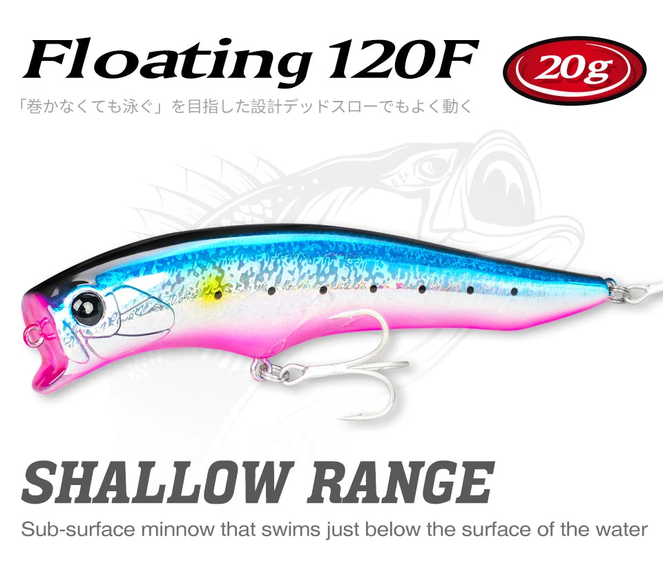 TSURINOYA 120F Ultra Long Casting Shallow Range Floating Minnow Beach Fishing Lure 120mm 20g 0-30cm GORGO Saltwater Hard Baits