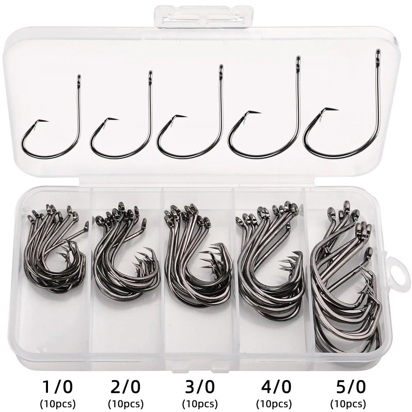 50pcs/Box Barbed Catfish Fishing Hooks High Carbon Steel Catfish Hook 6/0 -10 Fishhook  Sharp Circle Hook Fishing Tackle Box