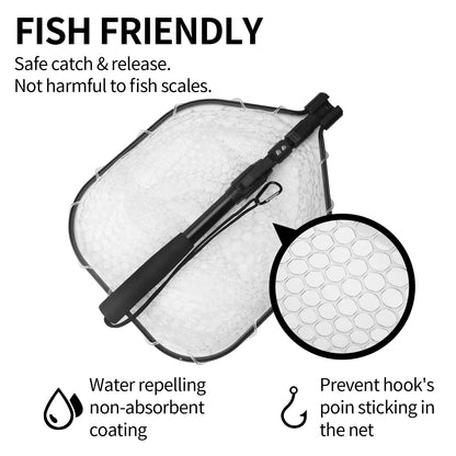 Fly Fishing Landing Net Soft Rubber Mesh Catch Release Fish Net Lightweight Portable Landing Net with Aluminum Handle Frame