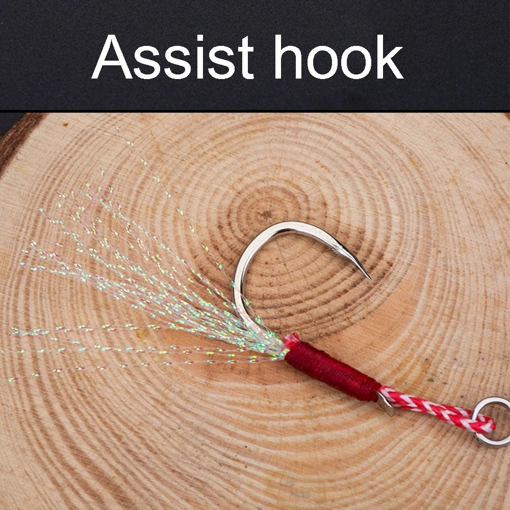 10pcs/Lot Slow Jigging Fishing Cast Jigs Assist Hook Barbed Single Jig Hooks Thread Feather Pesca High Carbon Steel Fishing Lure