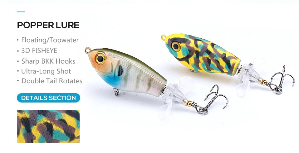 TREHOOK 9g/8g/14g/17g/24g Topwater Whopper Popper Fishing Lures Rotating Double Propeller Tail Artificial Bait Floating Wobblers