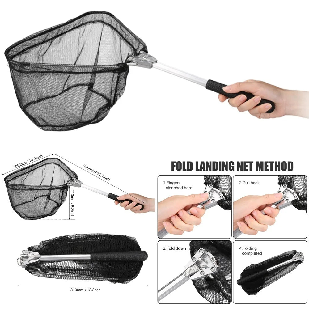 Fishing Landing Net Aluminum Alloy Durable Telescoping Extend to 190cm/130cm/55cm Folding Mesh Safe Fish Catching Releasing