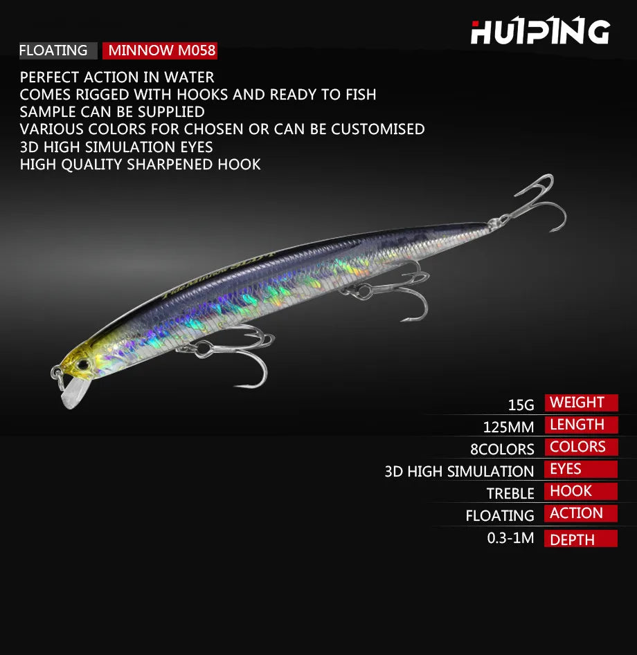 1pcs Floating Minnow Fishing Lure Casting Slim Minnow 125mm 15g Surface Wobblers Fishing Isca Artificial Bait Minnow M058