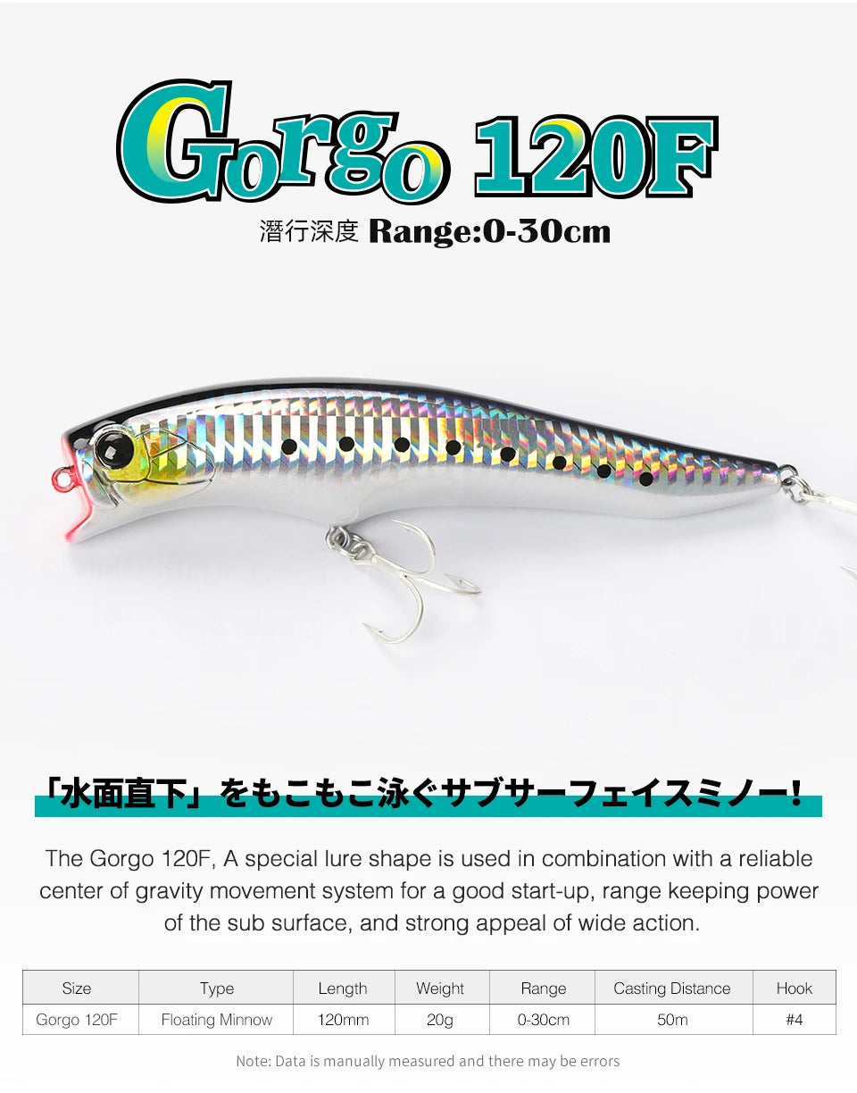 TSURINOYA 120F Ultra Long Casting Shallow Range Floating Minnow Beach Fishing Lure 120mm 20g 0-30cm GORGO Saltwater Hard Baits