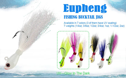 Eupheng UV Bucktail Jig Glow in Dark Bucktail Fishing Jig Head Hair Jigs for 7g-56g Bass Fresh & Saltwater Fishing Accessories