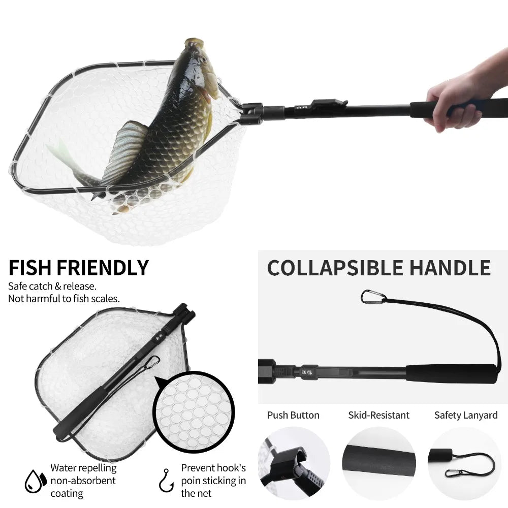 Fly Fishing Landing Net Soft Rubber Mesh Catch Release Fish Net Lightweight Portable Landing Net with Aluminum Handle Frame