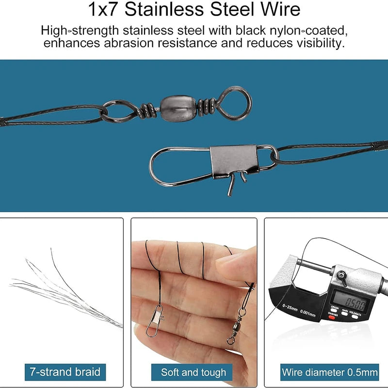 Anti Bite Steel Fishing Line Steel Wire Leader with Swivel Snaps Lead Core Leash Fishing Leader Wire Fishing Accessory 15CM-30CM