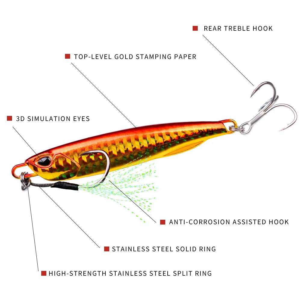 3D 1pc Sinking Metal Fishing Lure Bait - 10g-60g Artificial Pencil Bait with Two Hooks for Enhanced Outdoor Fishing Experience