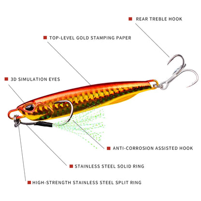 3D 1pc Sinking Metal Fishing Lure Bait - 10g-60g Artificial Pencil Bait with Two Hooks for Enhanced Outdoor Fishing Experience