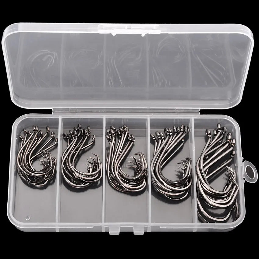 50pcs/Box Barbed Catfish Fishing Hooks High Carbon Steel Catfish Hook 6/0 -10 Fishhook  Sharp Circle Hook Fishing Tackle Box